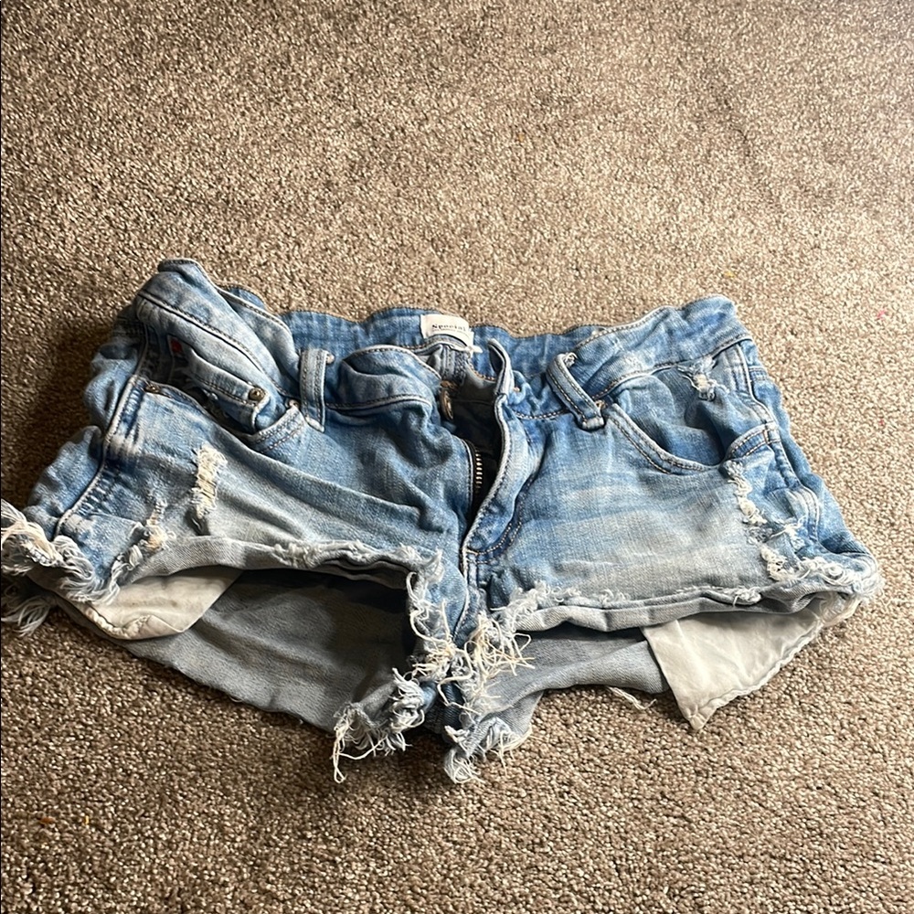 Blue Distressed Jean Shorts with Frayed Hem